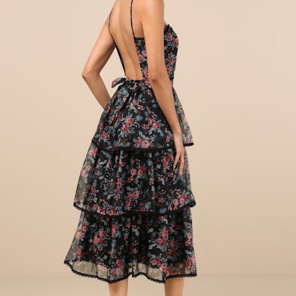 Lulus Kimbra Black Floral Backless Tiered Midi Dress - Size XL